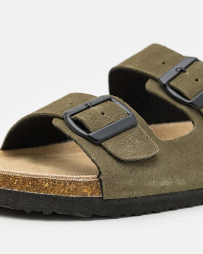 Double-Buckle Suede Sandals - Olive